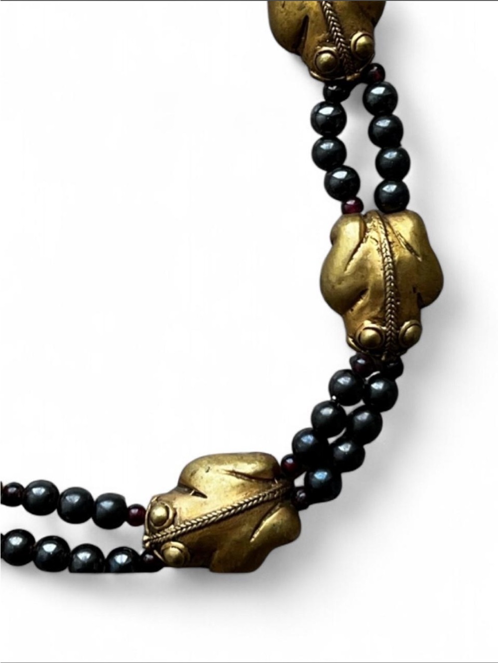 Vintage Pre Colombian Frog Gold Tone Onyx Garnet Beaded Necklace - Picture 12 of 16